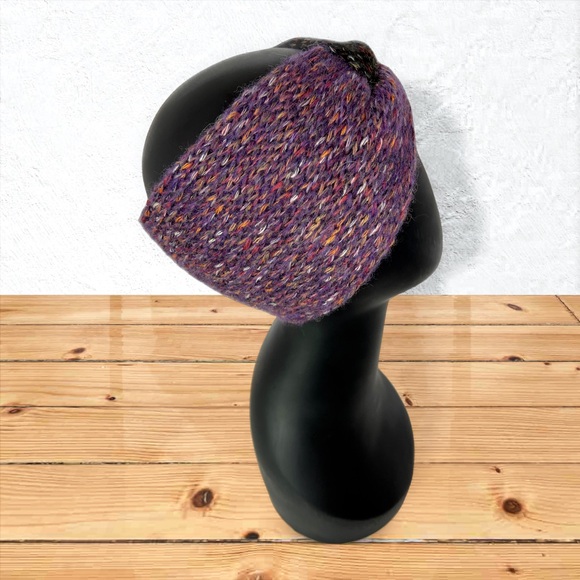 Handmade Cotton Alpaca Tweed Knit Twist Ear Warmers Purple Iris & Black Charcoal - Picture 4 of 10
